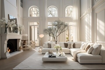Zoom background: a futuristic penthouse living room with large round window, - obrazy, fototapety, plakaty
