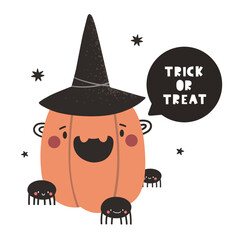 Cute cartoon Halloween pumpkin. Character vector in flat style.