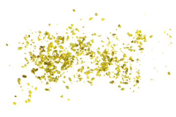 Pistachios chopped pile isolated on white, top view