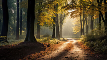 Obraz premium Sunlit forest path covered in autumn leaves. AI generative