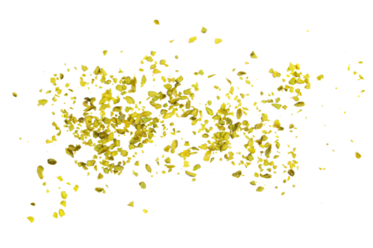 Pistachios chopped pile isolated on white, top view