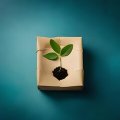 Eco, zero waste, plastic free and saving energy minimal concept from sprout with green leaves growing from recycled craft paper top view.AI generated