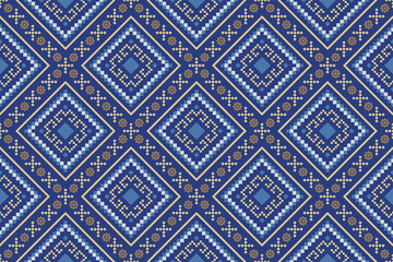Indigo navy blue geometric traditional ethnic pattern Ikat seamless pattern border abstract design 