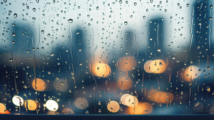 Close-up of raindrops on a window pane with blurred city lights. AI generative