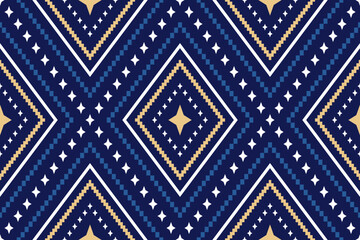 Indigo navy blue geometric traditional ethnic pattern Ikat seamless pattern border abstract design 