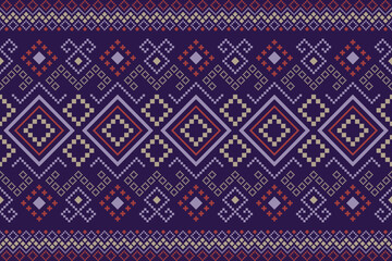 Purple cross stitch traditional ethnic pattern paisley flower Ikat background abstract Aztec African 