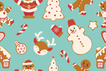 Winter seamless patterns with gingerbread cookies. Awesome holiday vector background. 