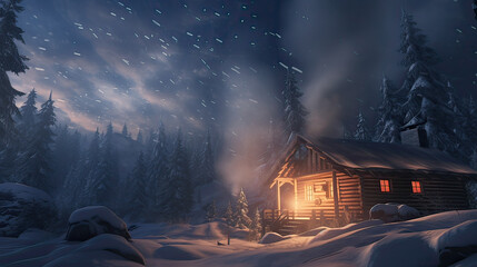 Cozy winter cabin with smoke rising from the chimney. AI generative
