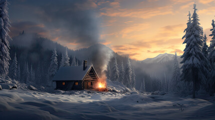 Cozy winter cabin with smoke rising from the chimney. AI generative
