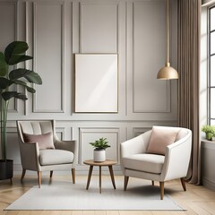 Elegant composition of living room interior with mock up poster frame, white sofa, beige armchair, stylish lamp, vase with flowers, plants and personal accessories.AI generated