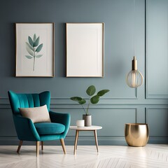 Elegant composition of living room interior with mock up poster frame, white sofa, beige armchair, stylish lamp, vase with flowers, plants and personal accessories.AI generated