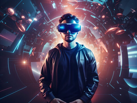 Free Photo futuristic virtual reality concept vr and ar technologies a man in glasses with 3d illustration Generated ai