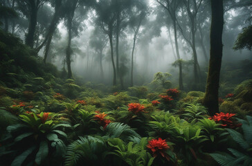 a colorful illustration of a cloud forest in Chingaza National Park with unique and diverse flora