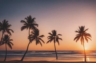 Fototapeta na wymiar a serene beach at sunset featuring palm trees gentle waves, and a warm golden glow