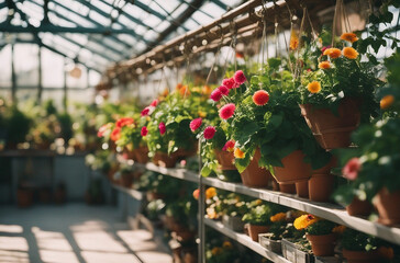 Fototapeta na wymiar a sunlit greenhouse filled with lush plants hanging baskets, and colorful flowers