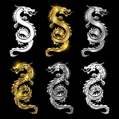 Obraz premium Dragon vector illustration design. Shiny dragon design vector. Gold and Metal dragon vector