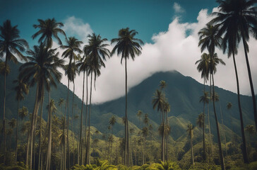 a vibrant illustration of the cocoa valley in Quindo showcasing its towering wax palm trees