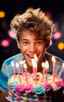Smiling and happy teen boy celebrates his birthday with cake with candles on it