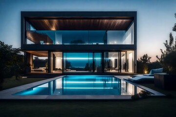 In this fleeting moment between day and night, the exterior of the modern minimalist cubic villa with its captivating swimming pool
