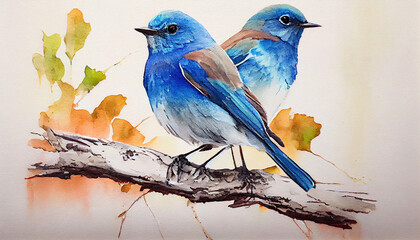 Abstract Watercolor Oil Painting of Two Mountain Blue Birds Sitting On The Tree Branches White Canvas