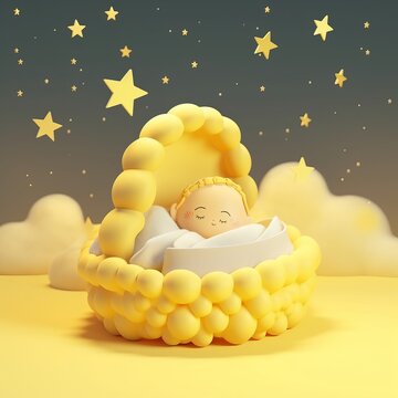 Free sweet dream lullaby 3d yellow moon and stars Generative AI