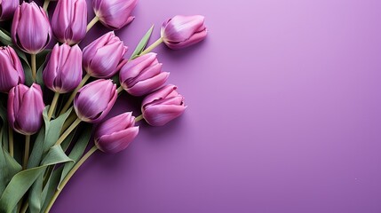Fototapeta premium tulips on purple background, copy space