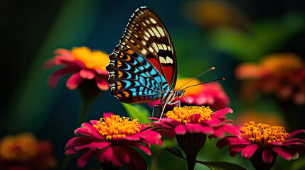 Obraz premium Close-up of a jewel-toned butterfly on a vibrant flower. AI generative 