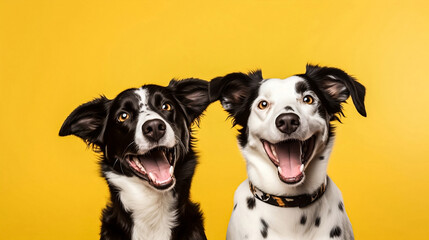 Two happy smiling dogs isolated on yellow background. Horizontal panoramic banner template with copy space. Adorable pet portraits