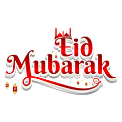 Eid mubarak text red transparent with al fitr or adha gold lantern stars decoration