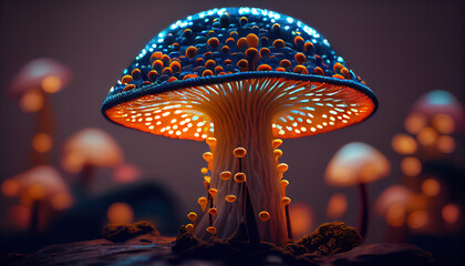 Mystical Glowing Colorful Mushroom in The Forest Bokeh Background