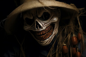 scarecrow in the garden halloween, halloween day, hyper realistic Halloween Creepy Photography, Garden of Frights: Hyper-Realistic Scarecrow Conjures Halloween Enchantment