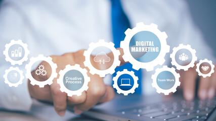 Digital Marketing Creative Process Business, operations management internet technology. Action Plan business strategy by computer laptop. Process objectives, innovation operations Management concept.