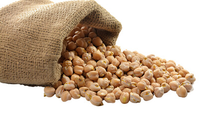 A bunch of chickpeas in a bag Isolated on white background