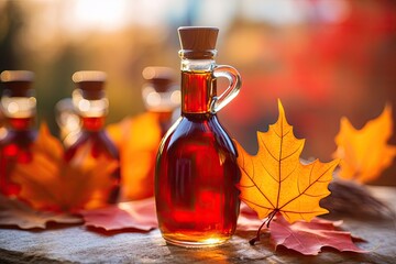 bottle of maple syrup on blurred background (Generative AI)