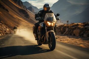 Mountain Road Thrill: Motorcyclists Racing at Sunset