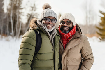 Active middle aged interracial gay couple hiking in winter forest