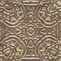 Stone carving, beige tile pattern, floral talavera ceramic mosaic. Mediterranean ornament. Glazed relief travertine mosaic tile. architectural decor ornament. Bas - relief on the wall. Illustration