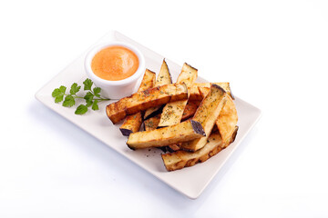 Eggplant sticks with salmorejo on white background