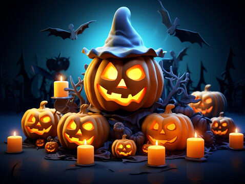 3D rendered Halloween theme background with scary pumpkins - ai generative