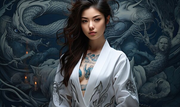 Photo of a woman with a dragon tattoo standing in front of a wall