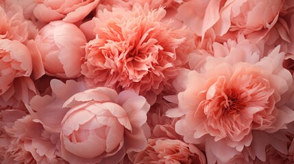 Coral peony flowers background close up.