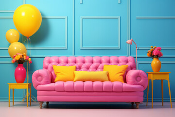 A room in bold pastel shades of pink, blue and yellow. Balloons, flowers and pillows.