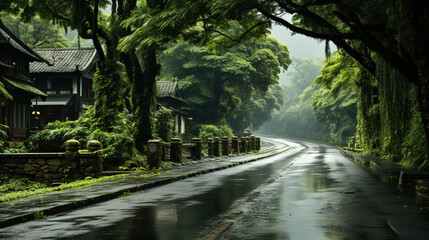 Fototapeta na wymiar The Beautiful Chinese Wet Road and Green Trees in the Rain Landscapes