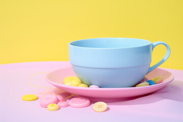 Fototapeta na wymiar Vintage pastel colored French macaroons or macarons with a porcelain teacup, teapot and buttons. Aesthetic, retro, fashion.