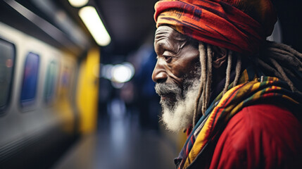 Fototapeta na wymiar Closeup of old homeless African American Man in subway
