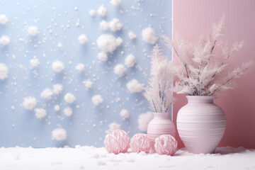 Fototapeta na wymiar Pastel pink blue and white floral background with blooming spring tree branch and melting snow. Concept of early spring.