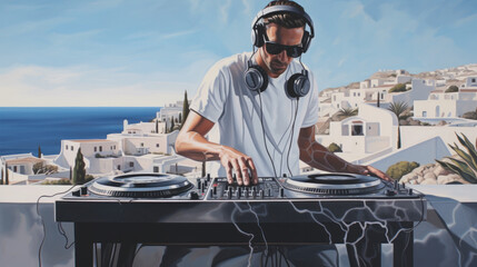 Male DJ playing his tracks at party with Mediterranean town around.