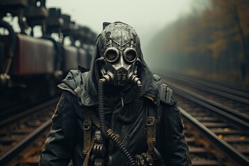 Mężczyzna w kombinezonie ochronnym i masce przeciwgazowej na torach kolejowych.  - obrazy, fototapety, plakaty
