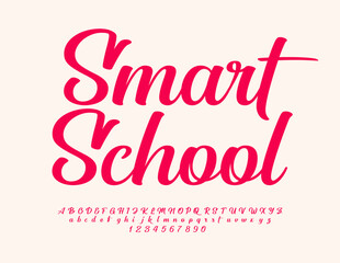 Vector educational emblem Smart School with Red cursive Font. Artistic set of Alphabet Letters and Numbers