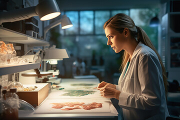 Expert female microbiologist scrutinizes medical samples using modern microscope in a tech-driven lab, driving breakthroughs in healthcare innovation